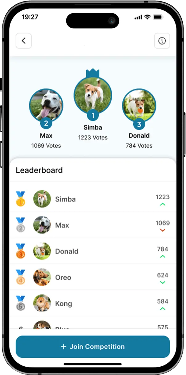 Competition results screen highlighting pet contest winners and scores.