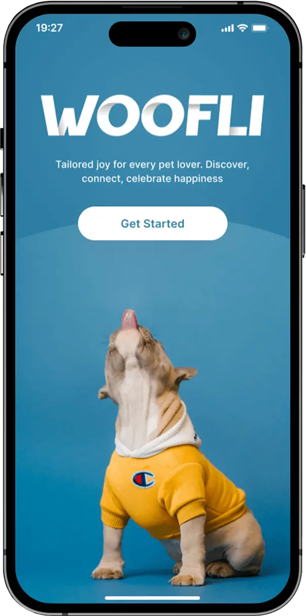 Woofli app splash screen with logo and loading animation.