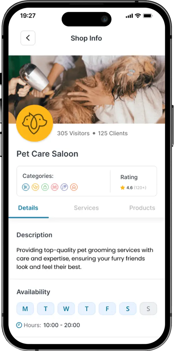 Pet care business profile displaying services, contact info, and ratings.