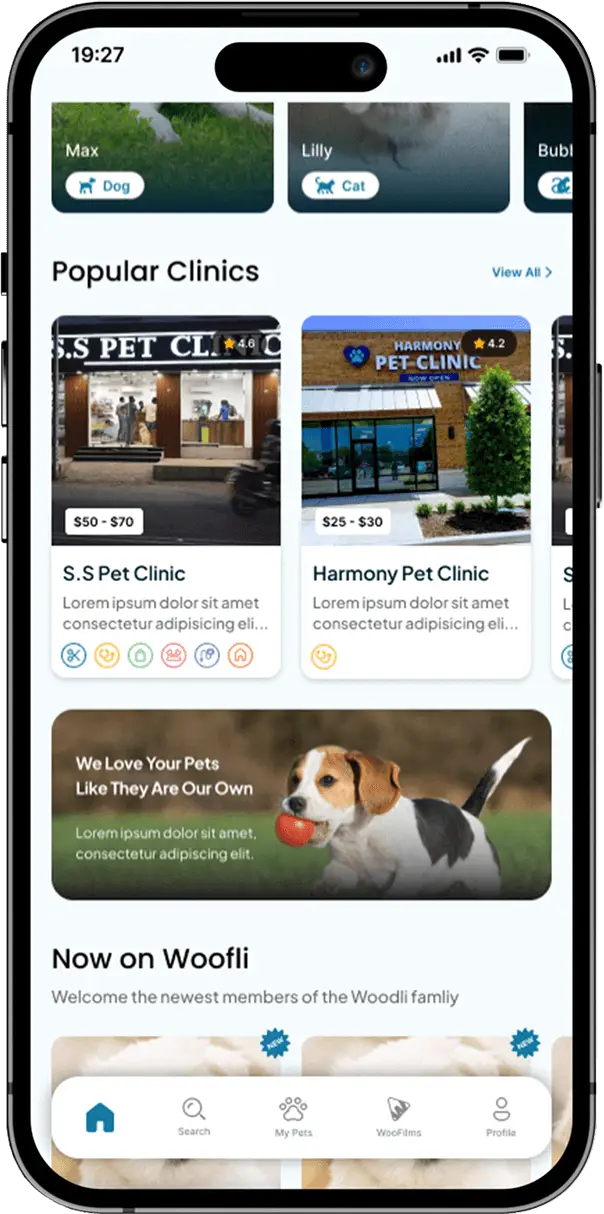 Woofli app home page showing navigation menu, pet status, and quick actions.