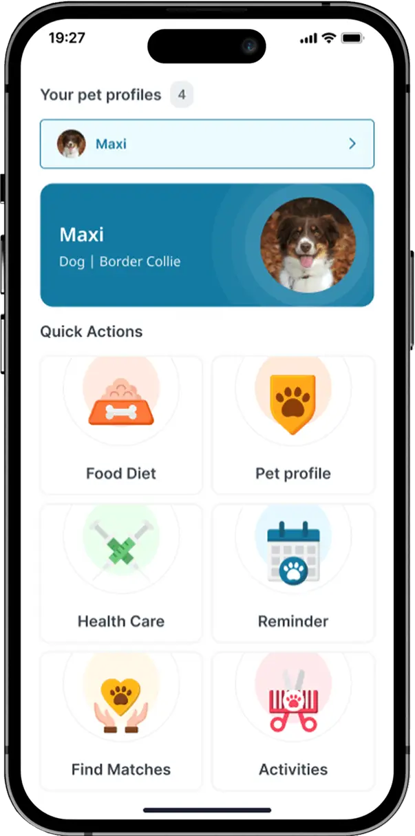 Pet profile screen with pet photo, name, age, and medical records.