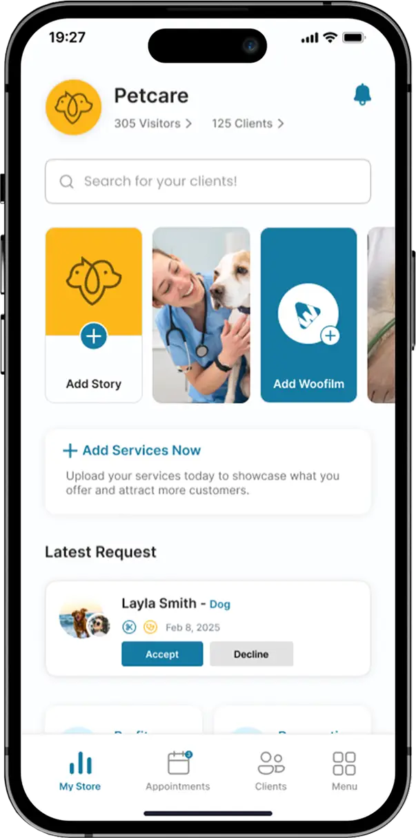 Woofli business account main dashboard showing an overview of pet business operations
