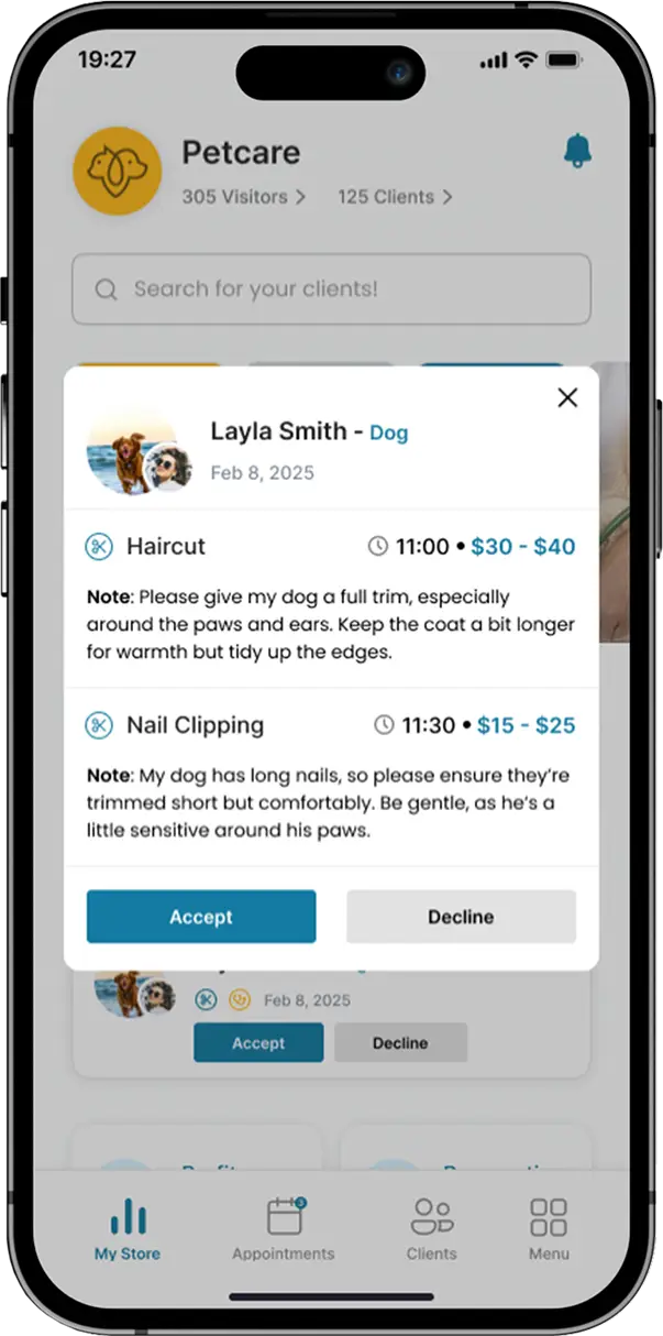 Woofli business account view booking request screen to manage pet service bookings