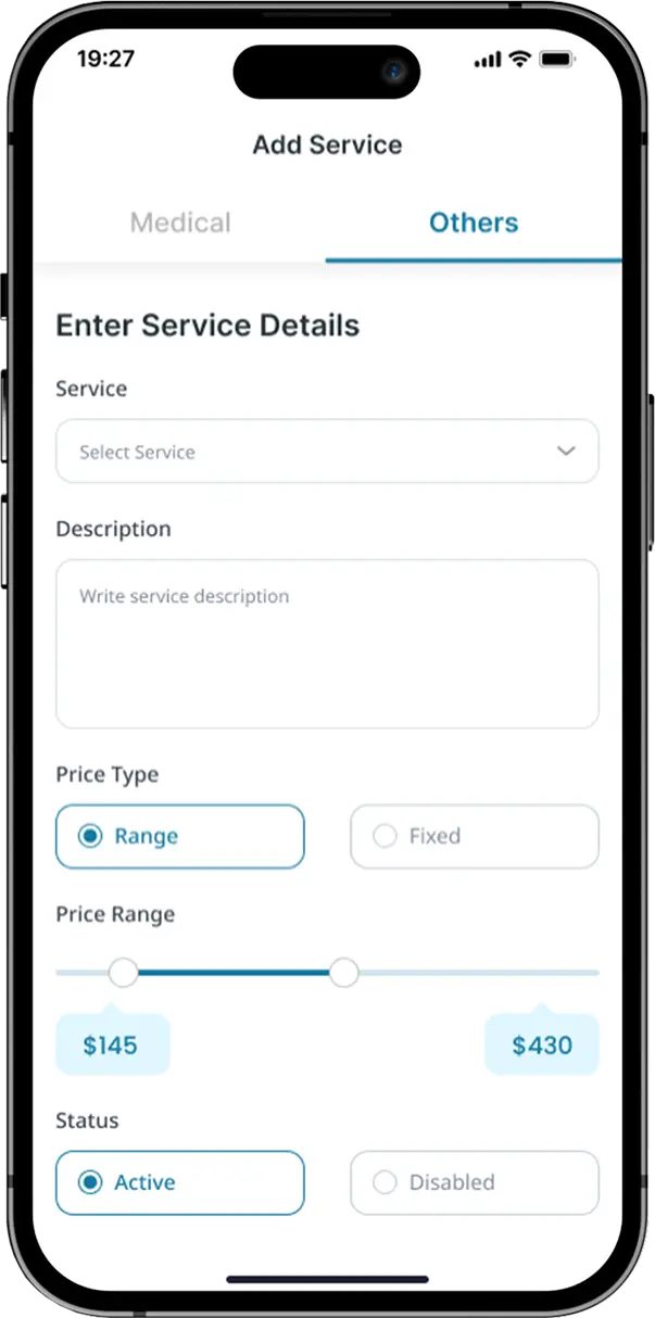 Woofli business account add service screen for creating new pet services