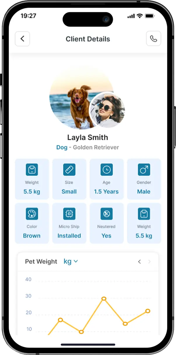 Woofli business account client screen showing pet owner details and interactions