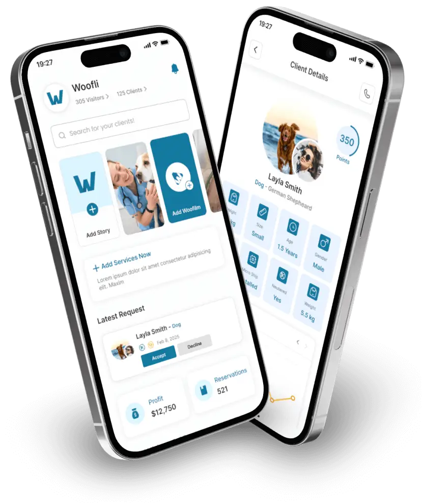 Woofli business dashboard to manage pet services and client engagement