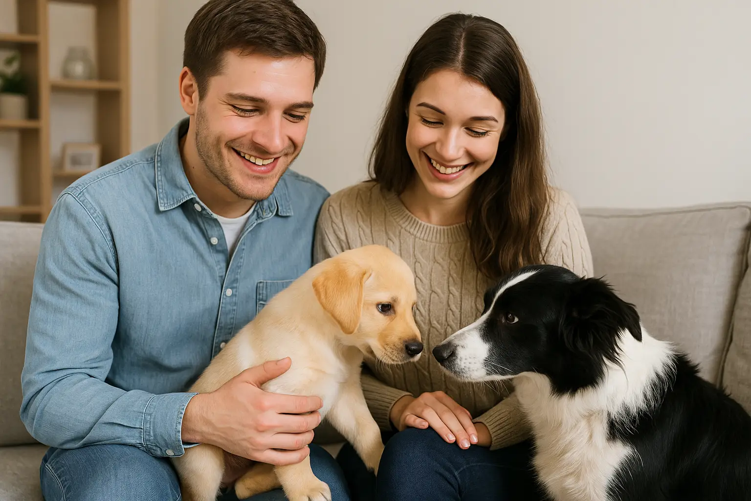 A joyful family introducing a new golden Labrador puppy to their Border Collie on a cozy sofa.